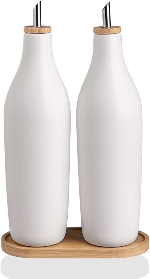 Sweejar Matte Ceramic Olive Oil Dispenser Bottles with Bamboo Tray, 17 Oz Oil Dispenser Set for Kitchen Counter, Opaque Oil Cruet for Cooking, EVOO, Vinegar, Avocado Oil, Pack of 2 (White & Tray) by Sweejarco1949