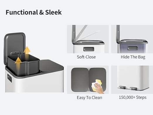 Garvee Trash Can, 2 x 4 gal (2 x 15 L) Garbage Can for Kitchen Dual Compartment Recycling Kitchen Step Trash Bin, Stainless Steel Trash and Recycle Bin Combo with Soft-Close Lid, White - Image 5