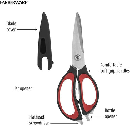 Farberware 4-in-1 Kitchen Scissors with Sheath, Multi-Use Kitchen Shears for Cutting, Jar Opener, Bottle Opener, Flathead Screwdriver - Stainless Steel Blades, 2-Piece Set (Black/Red)