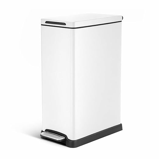 Home Zone Living 12 Gallon Slim Kitchen Trash Can with Soft Close Lid, Step Pedal, Bag Tuck Band, and Removable Liner, Stainless Steel, Matte White by HomeZoneLiving