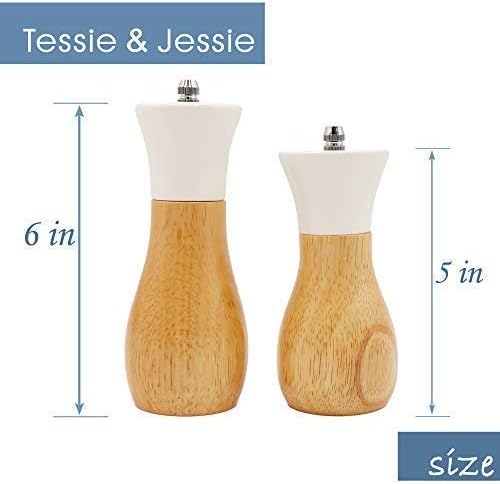 Tessie & Jessie Salt Grinder White Wooden Pepper Grinder Sea Salt And Pepper Grinders Set 5” And 6” Salt Mills of Oilcan Shaped (Oilcan, White)