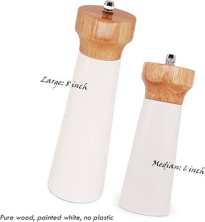 White Salt Grinder Wooden Pepper 8"+6" Salt Grinder Set Pepper Mill Salt & Pepper Shakers - Stainless Ceramic Refillable Stylish for Sea Salt Black Pepper -By Tessïe & Jessïe Lighthouse
