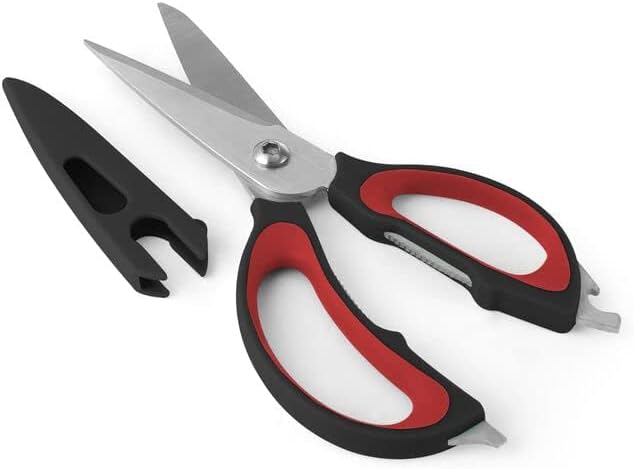 Farberware 4-in-1 Kitchen Scissors with Sheath, Multi-Use Kitchen Shears for Cutting, Jar Opener, Bottle Opener, Flathead Screwdriver - Stainless Steel Blades, 2-Piece Set (Black/Red)