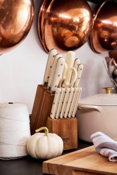MARTHA STEWART Eastwalk 14 Piece High Carbon Stainless Steel Cutlery Kitchen Knife Block Set w/ABS Triple Riveted Forged Handle Acacia Wood Block - Linen White - Image 2