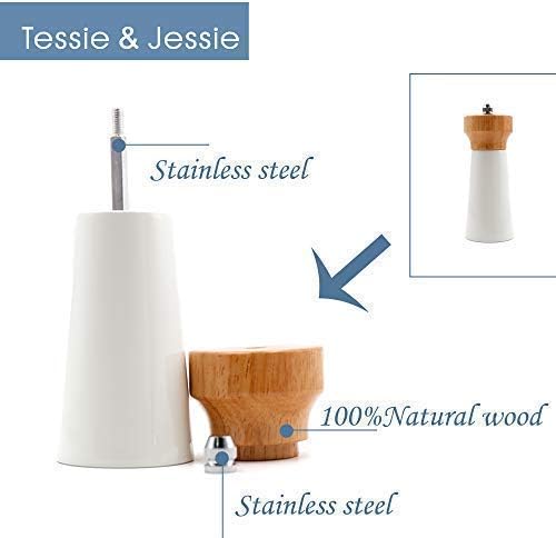 Salt and Pepper Grinders White Salt Shaker Wooden Pepper Salt Grinder Set Pepper Mill - Stainless Ceramic Refillable for Sea Salt Black Pepper - 5" And 6" Christmas Gift Set By Tessïe & Jessïe