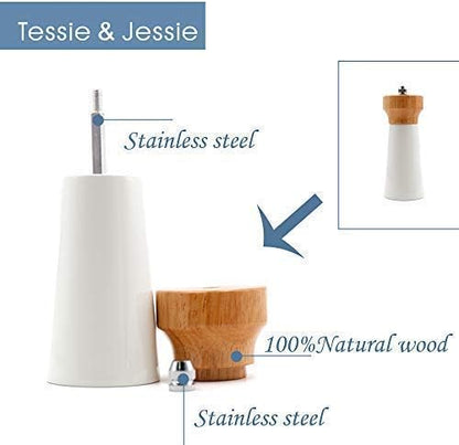 Salt and Pepper Grinders White Salt Shaker Wooden Pepper Salt Grinder Set Pepper Mill - Stainless Ceramic Refillable for Sea Salt Black Pepper - 5" And 6" Christmas Gift Set By Tessïe & Jessïe