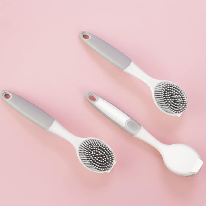 Dish Scrubber, Silicone Soft Bristles Scrub Brush with Scraper Tip, Comfortable Grip Brushes for Kitchen Sink, Pans, Pots, Skillet, Vegetable, Fruit, Potato Cleaning (White/Grey) - Image 3