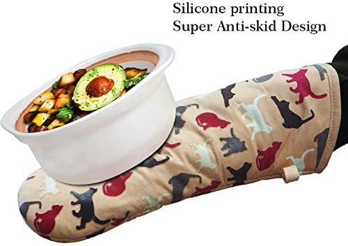 Oven Mitts Gloves 1 Pair Heat Resistant 480 ℉ Non Slip Clear Silicone Printed Comfortable Cotton Lining Kitchen Women Men Cooking Barbecue Microwave Machine Washable (Cat, Khaki Mittens)