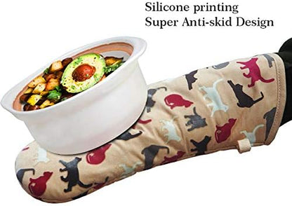 Oven Mitts Gloves 1 Pair Heat Resistant 480 ℉ Non Slip Clear Silicone Printed Comfortable Cotton Lining Kitchen Women Men Cooking Barbecue Microwave Machine Washable (Cat, Khaki Mittens)