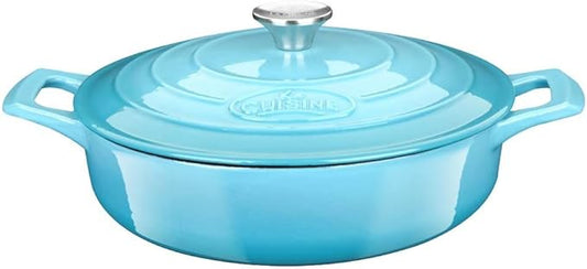 La Cuisine Enameled Cast Iron Braiser Sauté Pan Shallow Dutch Oven with Lid, 3.75 QT 11" / 28cm Dia. Internal Matt Black Enamel Coating, Teal, Oven Safe Up to 500° F, Induction Cooktop Compatible