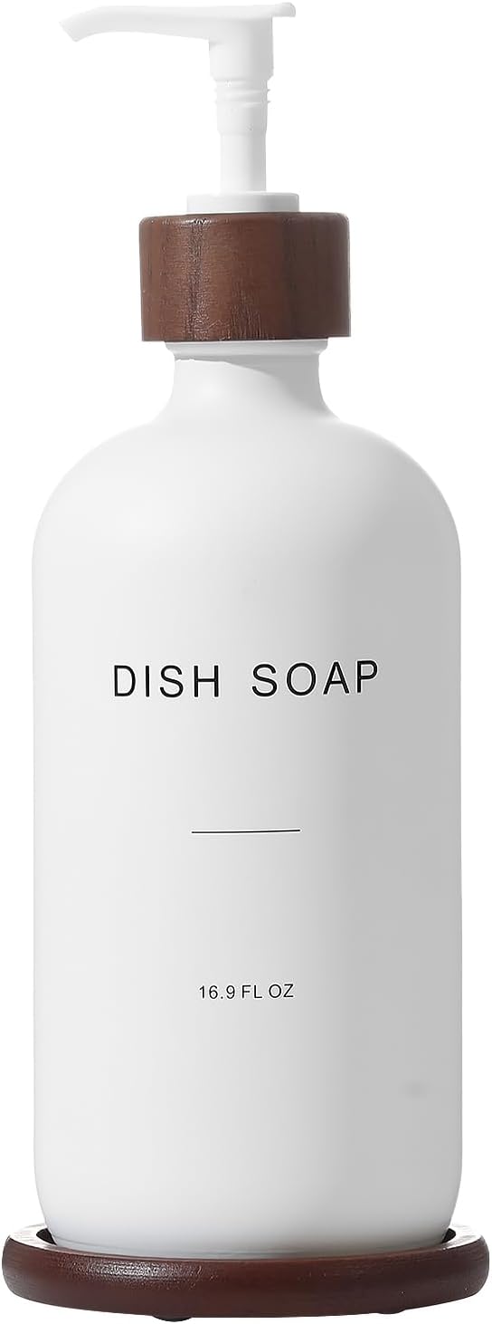 Dish Soap Dispenser, Refillable Soap Dispenser Kitchen with Tray, Glass Soap Dispenser with Pump, Suitable for Soap Dispenser for Kitchen Sink, Modern Home Decor. (White)
