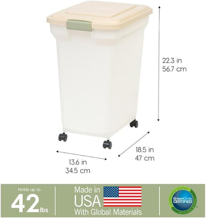 IRIS USA Airtight Dog Food Storage Container, WeatherPro, Up to 40 lbs, Removable Wheels, for Dog Cat Bird and Other Pet Food Storage Bin, Keep Fresh, Translucent Body, Made in USA, Almond/Pearl