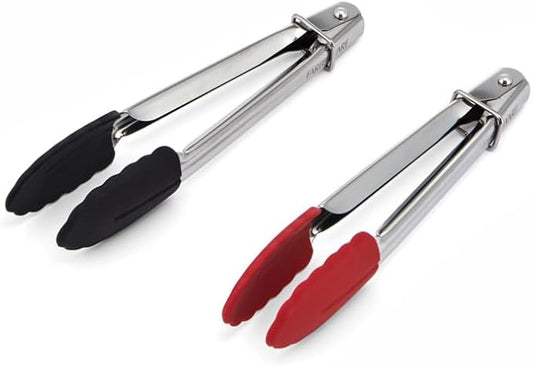 Farberware Classic S2 Mini Tongs Set of 2, 7-Inch Stainless Steel Kitchen Tongs with Silicone Tips, Heat Resistant Cooking Tongs with Ring Lock for Compact Storage, Red and Black by Farberware