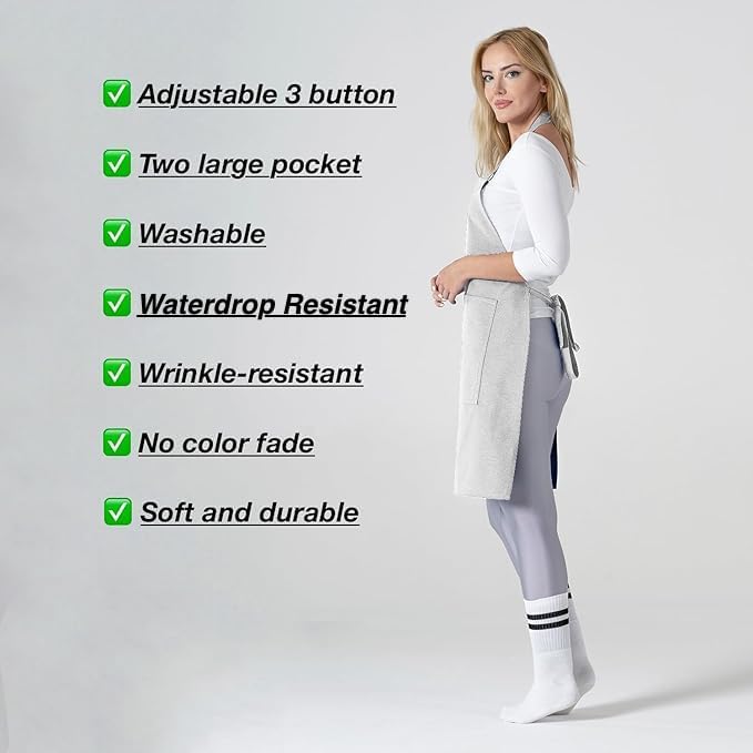 TOSHE Kitchen Apron Waterdrop Resistant Cotton Apron with adjustable Aprons for Women with Pockets 10 Color option Cooking Silver Apron (Silver) - Image 7