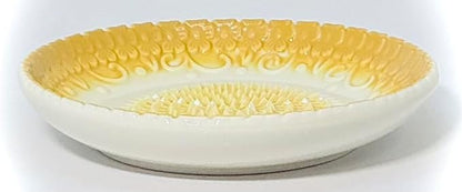 BonCera, All-in-one Premium Ceramic Garlic Grater Plate 4-Piece Set - Yellow Embossed Design and Style - For Garlic, Ginger, Chocolate, and more! - Comes with 5.25" Plate, Peeler, Brush, and Stand