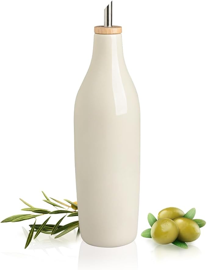 Sweejar Matte Ceramic Olive Oil Dispenser Bottle with Spout, 17 Oz Oil Dispenser for Kitchen Counter, Opaque Oil Cruet for EVOO, Vinegar, Avocado Oil Container for Cooking, Pack of 1 (Beige) by Sweejarco1949