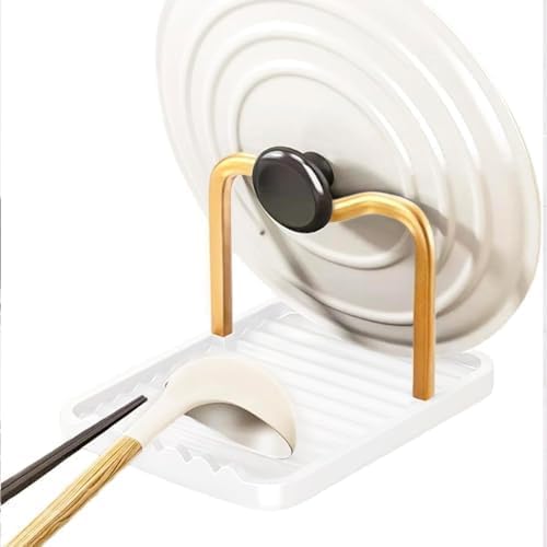 Spoon Rest with Lid Holder, Stainless Steel Lid Holder While Cooking & Organizer with Detachable Drain Tray, Anti-Rust Countertop Space Saver for Spoons, Spatulas (White Gold) - Image 3