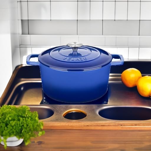 Velaze 6 QT Enameled Dutch Oven Pot with Lid, Cast Iron Dutch Oven with Dual Handles for Sourdough Bread Baking, Cooking, Non-stick Enamel Coated Cookware (Blue) - Image 5