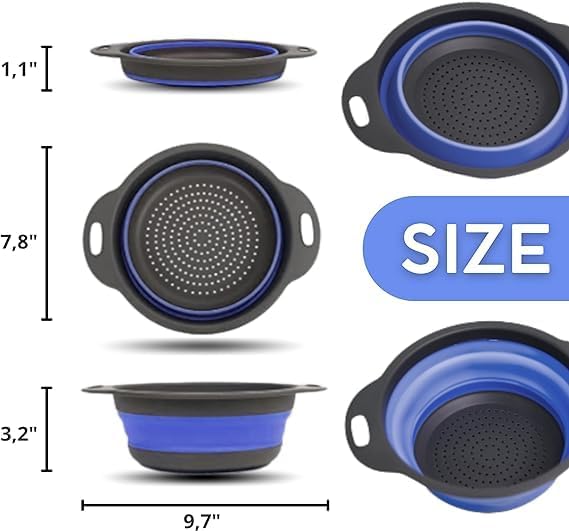 Blue Round Silicone Collapsible Colander – Silicone Round Kitchen Strainers with Plastic Handles Foldable Small Kitchen Strainer Perfect for Draining Pasta Vegetable and Fruit - Image 2