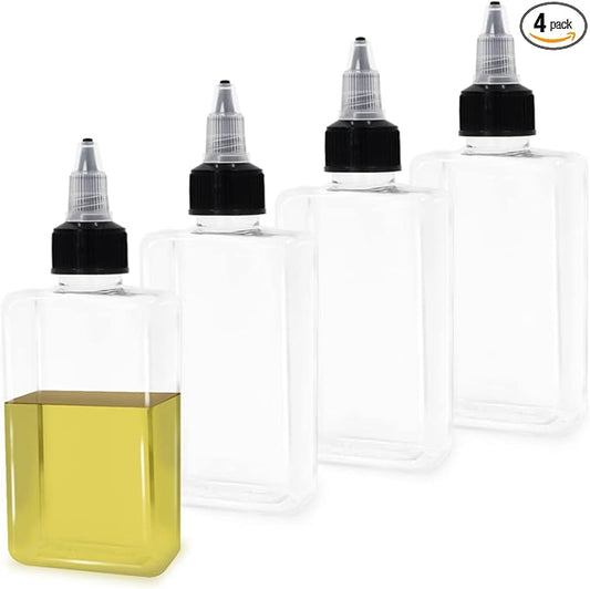 LELE LIFE 4Pcs Small Oil Dispenser Bottle for Camping, 3.4oz Leak-Proof Squeeze Condiment Bottle with Twist Top Cap, Liquid Condiment Container Dispensing Bottles for Oil Soy Sauce Vinegar