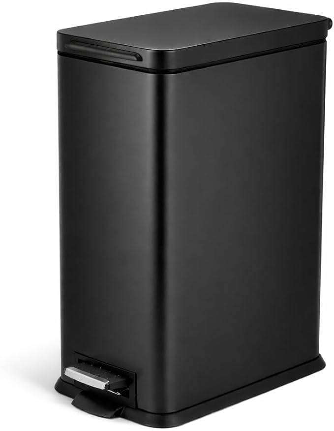 Home Zone Living 4 Gallon Slim Kitchen Trash Can with Soft Close Lid and Step Pedal, Matte Black Stainless Steel Wastebasket with Removable Bucket by HomeZoneLiving