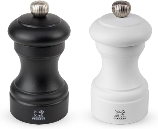 Peugeot Bistro Duo Manual Salt and Pepper Mill Set - Classic Adjustable Grinder, Beechwood, 4 inch, Black and White