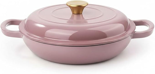 3 Quart Enameled Cast Iron Braiser, Non Stick Enameled Cast Iron Skillet with Lid, Dutch Oven Skillet with lid up to 500°F for Oven, Stove, Grill, Shallow Dutch Oven for Cook, Bake (Pink)