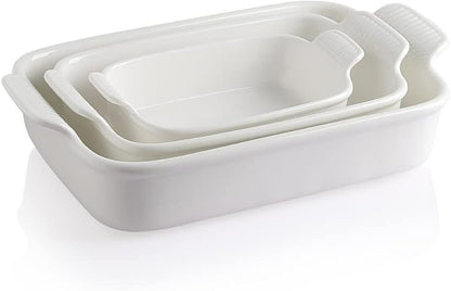 Sweejar Baking Pans Set, Ceramic 9x13 Baking Dish with Handle, Rectangular Casserole Dishes for Oven, Bakeware Sets of 3, Durable Lasagna Pan Deep for Kitchen, Banquet, Wedding Gift(White) by Sweejarco1949