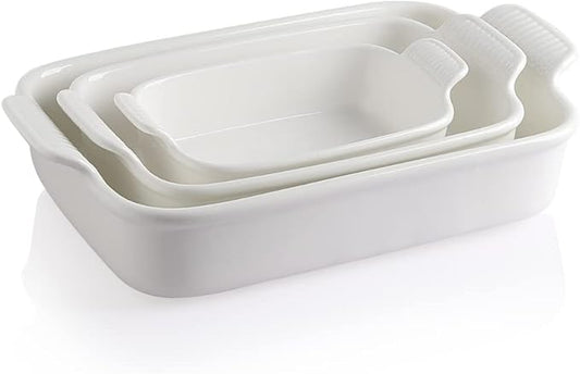 Sweejar Baking Pans Set, Ceramic 9x13 Baking Dish with Handle, Rectangular Casserole Dishes for Oven, Bakeware Sets of 3, Durable Lasagna Pan Deep for Kitchen, Banquet, Wedding Gift(White) by Sweejarco1949