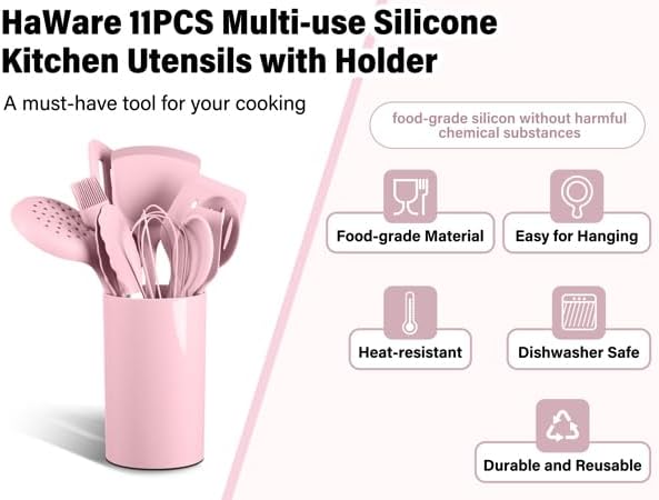 HaWare 11 PCS Silicone Cooking Utensils Set, Heat Resistant Kitchen Utensils with Holder, Food-grade Spatula Sets for Nonstick Cookware, Kitchen Tools Gadgets Include Fish Turner, Spoon (Pink) - Image 3