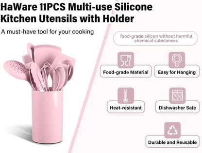 HaWare 11 PCS Silicone Cooking Utensils Set, Heat Resistant Kitchen Utensils with Holder, Food-grade Spatula Sets for Nonstick Cookware, Kitchen Tools Gadgets Include Fish Turner, Spoon (Pink) - Image 3