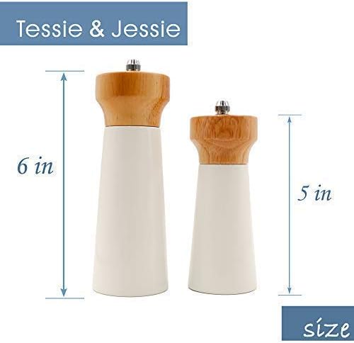Salt and Pepper Grinders White Salt Shaker Wooden Pepper Salt Grinder Set Pepper Mill - Stainless Ceramic Refillable for Sea Salt Black Pepper - 5" And 6" Christmas Gift Set By Tessïe & Jessïe