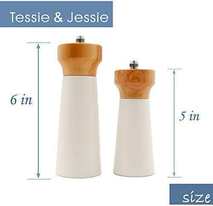 Salt and Pepper Grinders White Salt Shaker Wooden Pepper Salt Grinder Set Pepper Mill - Stainless Ceramic Refillable for Sea Salt Black Pepper - 5" And 6" Christmas Gift Set By Tessïe & Jessïe