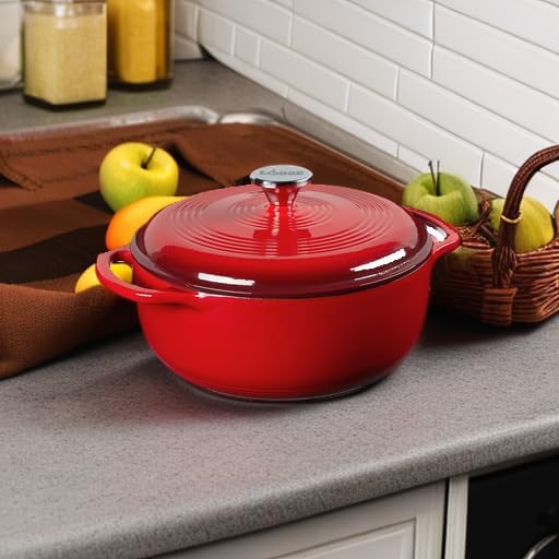 Lodge 4.5 Quart Enameled Cast Iron Dutch Oven with Lid – Dual Handles – Oven Safe up to 500° F or on Stovetop - Use to Marinate, Cook, Bake, Refrigerate and Serve – Island Spice Red - Image 2