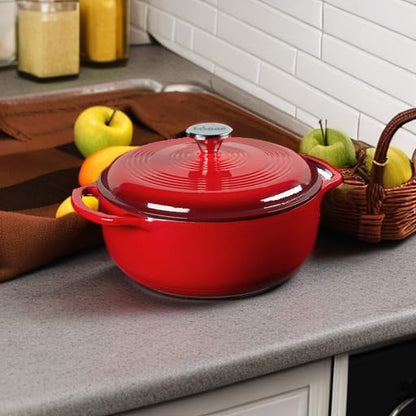 Lodge 4.5 Quart Enameled Cast Iron Dutch Oven with Lid – Dual Handles – Oven Safe up to 500° F or on Stovetop - Use to Marinate, Cook, Bake, Refrigerate and Serve – Island Spice Red - Image 2