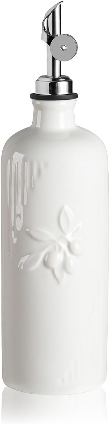 Sweejar Ceramic Olive Oil Dispenser Bottle for Kitchen Counter, 20 oz Oil Dispenser with Spout, Avocado Oil Cruet for EVOO, Vinegar, Oil Container for Cooking, Pack of 1 (White)