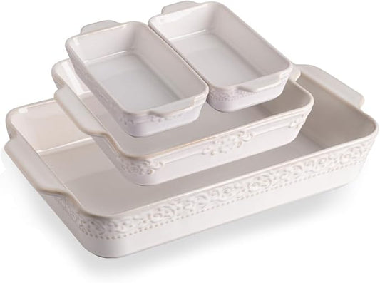 Sweejar Casserole Dishes for Oven, Ceramic Bakeware Set of 4, Rectangular Baking Dish with Handles, Lasagna Pans for Cooking, Gratin, Roasting, Banquet and Daily Use (Kiln-Change White) by Sweejarco1949