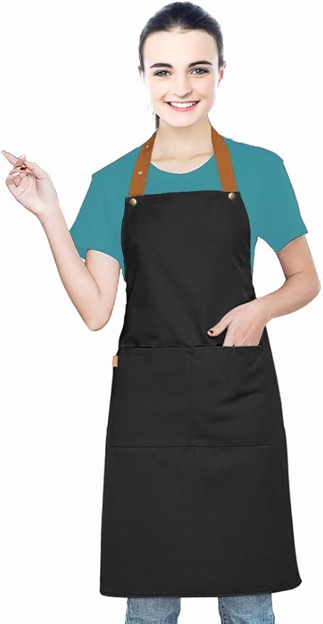 Kitchen Bib Apron with Pockets, Women Men Adjustable Neck Strap Water Resistant Apron for Chef Artist Waiter