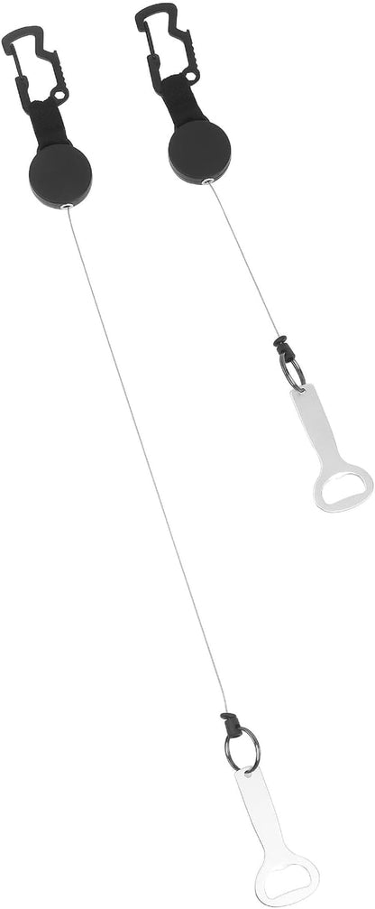 Maplefield Retractable Bottle Opener - Pack of 2, Silver & Black - Carabiner Clip & Bottle Opener Attachment for Cooler - Stainless Steel Construction - Retractable Wire Cord for Quick Access