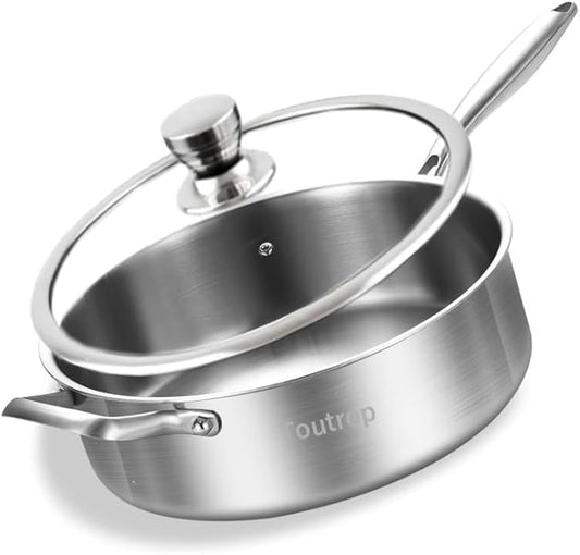 Toutrop Tri-Ply Stainless Steel 8 Quarts Sauté Pan with Lid,13 Inch Induction Deep Frying Pan,Large Skillet, Dishwasher And Oven Safe,Detachable Handle