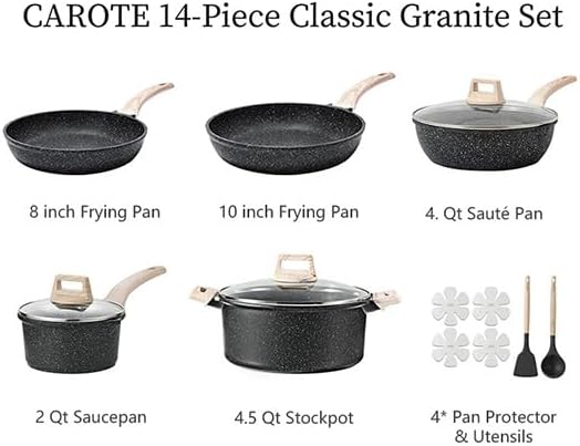 CAROTE 14Pcs Pots and Pans Set Non Stick, Cookware Sets Induction Cookware Granite Cooking Set with Frying Pans, Saucepans, Saute Pan, Extra Large Casserole - Image 2