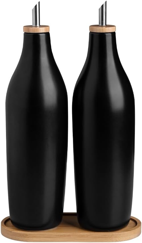 Sweejar Matte Ceramic Olive Oil Dispenser Bottles with Bamboo Tray, 17 Oz Oil Dispenser Set for Kitchen Counter, Opaque Oil Cruet for Cooking, EVOO, Vinegar, Avocado Oil, Pack of 2 (Black & Tray) by Sweejarco1949