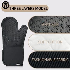 Oven Glove Cute,Cooking Mittens,Oven Mittens for Kitchen,Oven Gloves for Kitchen,Washable Silicone Oven Mitts Heat Resistant 500°F, Potholders for Kitchens Cooking Baking(Black - Image 3
