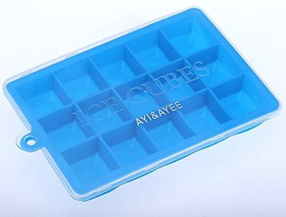 AYI&AYEE Silicone Ice Cube Trays with Lids - 2 Pack - 15 Cavities 1 2/5 inch (2 tbsp / 30ml / 1 fl oz) Square Ice Cubes Baking Molds - BPA free - Easy Release - for Juice, Baby Food, Chocolate & More