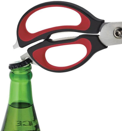 Farberware 4-in-1 Kitchen Scissors with Sheath, Multi-Use Kitchen Shears for Cutting, Jar Opener, Bottle Opener, Flathead Screwdriver - Stainless Steel Blades, 2-Piece Set (Black/Red)