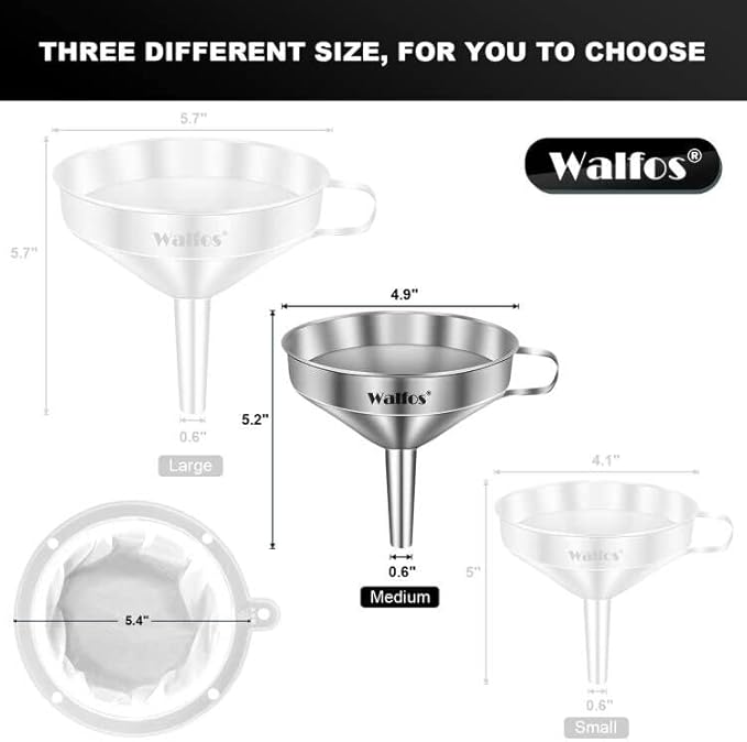 Stainless Steel Funnel, Walfos Kitchen Funnel with 2 Removable Strainer ＆ 1Pc Cleaning Brush, Perfect for Transferring of Liquid, Oils, Jam, Dry Ingredients & Powder (Big, 4.9") - Image 5