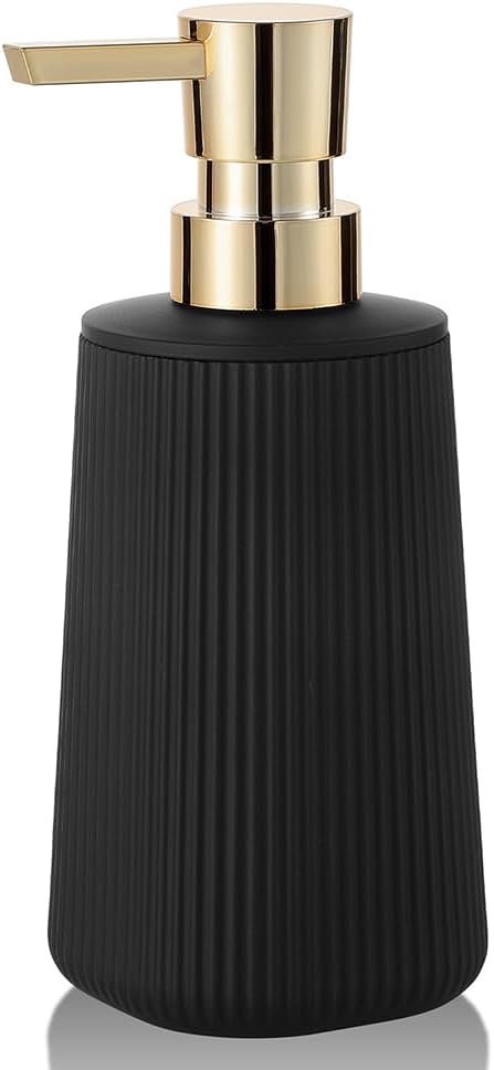Small Soap Dispenser for Bathroom and Kitchen, Modern Farmhouse Striped Style Plastic Hand Soap Dish Soap Dispenser with Pump Matte Black and Gold by KellyHome
