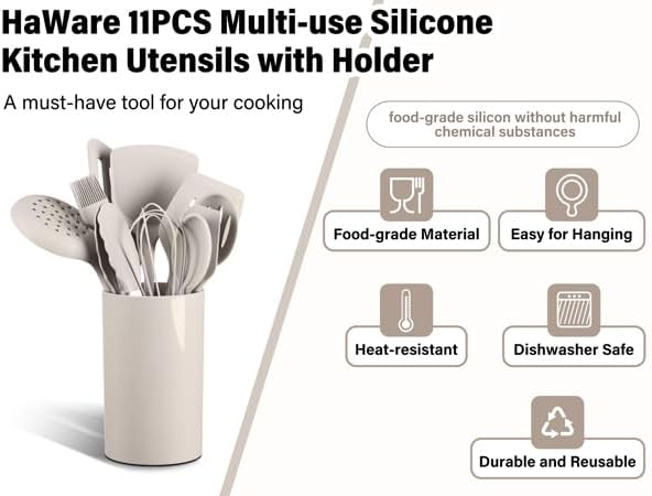 HaWare 11 PCS Silicone Cooking Utensils Set, Heat Resistant Kitchen Utensils with Holder, Food-grade Spatula Sets for Nonstick Cookware, Kitchen Tools Gadgets Include Fish Turner, Spoon (Khaki) - Image 3