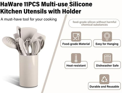 HaWare 11 PCS Silicone Cooking Utensils Set, Heat Resistant Kitchen Utensils with Holder, Food-grade Spatula Sets for Nonstick Cookware, Kitchen Tools Gadgets Include Fish Turner, Spoon (Khaki) - Image 3