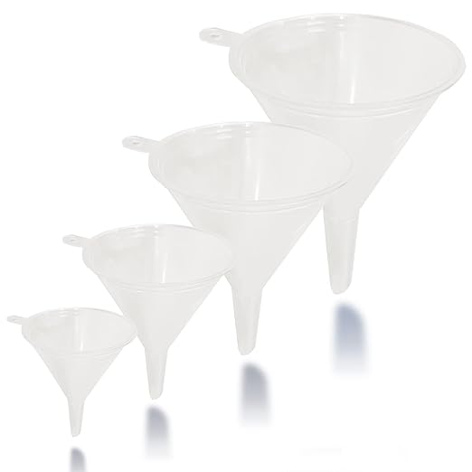 Funnel Set (4 Sizes: 122, 101, 76, 50mm) - Durable, Non-Toxic, Food-Grade Plastic funnels for Filling Bottles and containers. Ideal for Kitchen, Garage, or Labs. Perfect for Precise Pouring. by LIQVEE